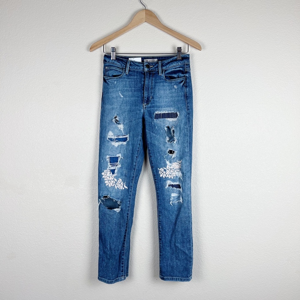 GUESS Embroidered Floral Distressed Hugh Rise Skinny Jeans Sz 26 - Picture 2 of 10